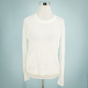 NHBT Size Medium M White Boxy Pocket Crew Long Sleeve Lightweight Linen Sweater